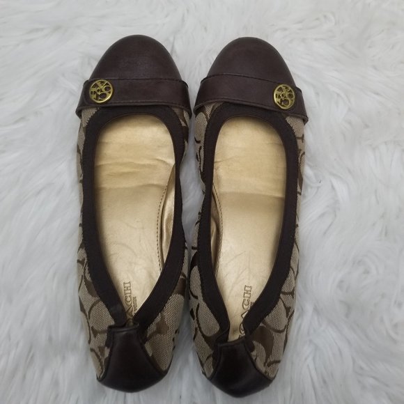 Coach Chelsey Chestnut Khaki Ballet Flats Gold Hardware Matte Calf Leather Signa - Picture 1 of 9